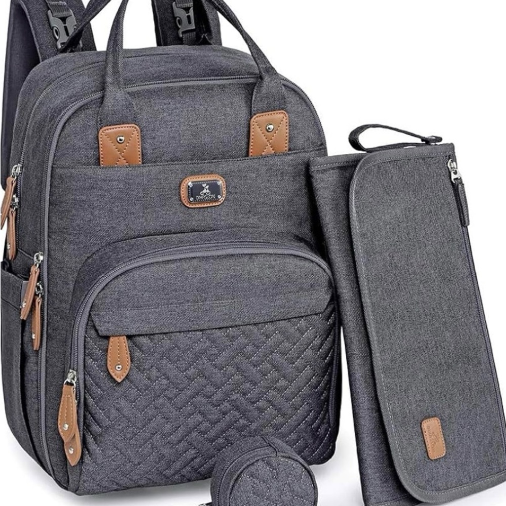 Women's Gray Baby Diaper Backpack with Brown Trim - Brand